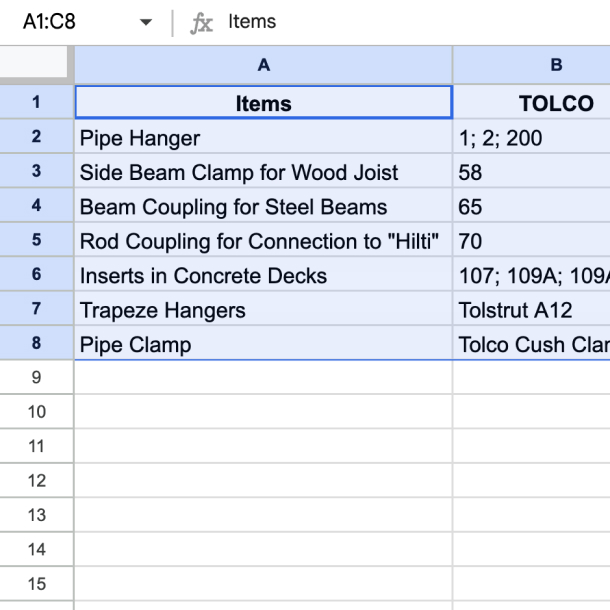 A screenshot of a Constructable user pasting the table data that was extracted by the Magic Extractor feature in the preceeding image into a spreadsheet application. The correct table data was successfully pasted in a new sheet and all the formatting was preserved, including the column headers and the alignment of the data.