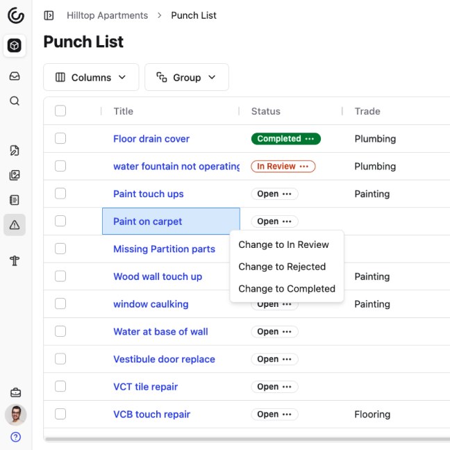 A screenshot of Constructable's Punch List feature, where users can create, assign, and track deficiencies. The screenshot shows a full list of punch items in a table view, showing all the attributes of each deficiency, such as its title, description, location, due date, status, and assignee. The user can easily change the status of an item, or click on a punch item to view its details, or even add photos or other attachments to the punch item.